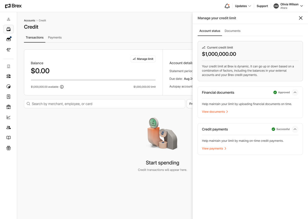Credit dashboard with "Manage limit" pane open
