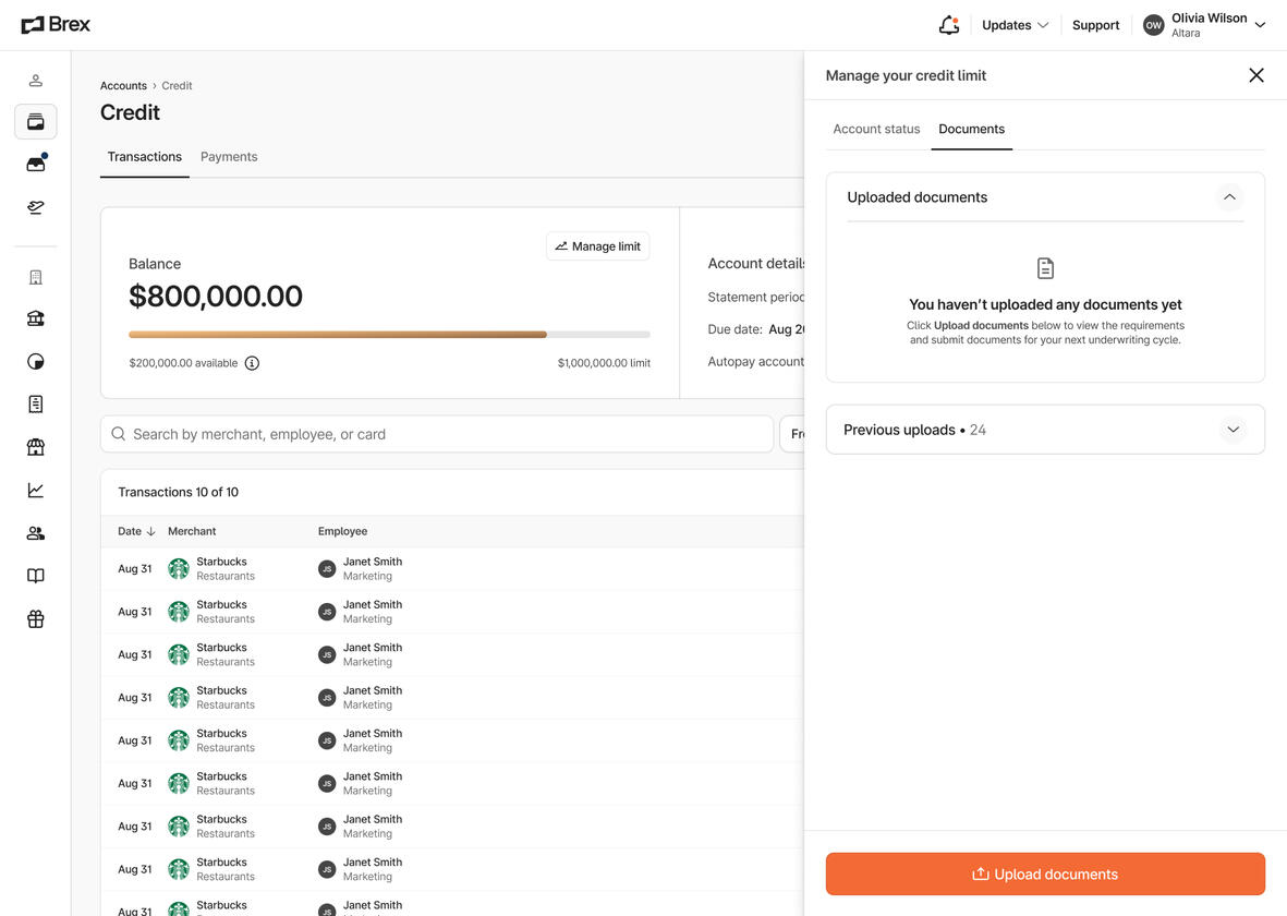 New Document section of "Manage limit" pane